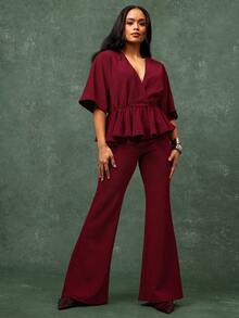 Vixey Bordeaux-rote, elastische, strukturierte Hose mit hoher Taille und weitem Bein für das Büro - Bordeaux - Übersicht 3