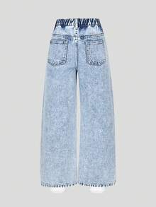 SHEIN ChillGRL Quần Jeans Denim Cho Bé Gái Tuổi Teen, Phong Cách Y2K Thêu Nơ Hồng, Ống Rộng Rộng, Chất Cotton Thoải Mái, Thích Hợp Mặc Hàng Ngày, Đi Học Và Đi Làm, Mọi Mùa - Rửa nhẹ - Xem 2