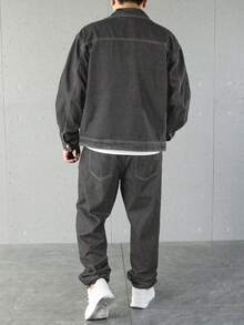 Manfinity Homme Men's Casual Denim Jacket And Pants Set, Single-Breasted Men 2 Piece Set - Grey - View 3