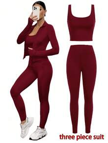 SHEIN Tall 3pcs Black Knit Women Sports Set, Tall Version With Extended Length, Suitable For Summer & Autumn - Burgundy - View 9