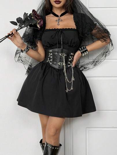 Coolane Vestido mini con mangas abullonadas, atuendo de salida gótico, estilo Y2K, vintage para mujer, atuendo para ferias del renacimiento, conciertos y fiestas