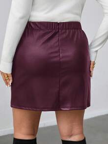 Firerie 大码女式纯色抽绳设计时尚短款PU皮迷你裙 - 酒紅色 - 查看 2