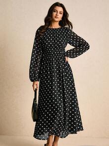 Poéselle Women's Polka Dot Print Round Neck Lantern Sleeve Ruched Long Dress - Black - View 6