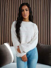 SAYEHFBABY 女式条纹落肩长袖短款休闲套头衫针织套头衫秋冬 - 彩色 - 查看 5