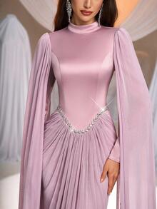 Aureia 优雅、浪漫、时尚、高贵的粉色缎面网纱拼接礼服，饰以水钻，鱼尾裙摆，优雅派对礼服，婚礼宾客礼服，粉色连衣裙，时尚优雅的婚礼宾客正式晚礼服 - 粉色 - 查看 9