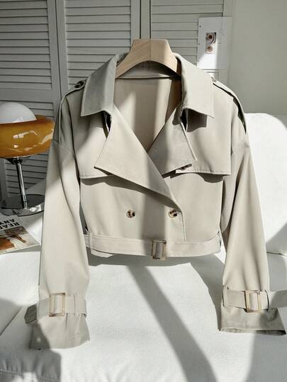 Comfortcana 大码复古落肩宽松翻领短款风衣配扣腰带