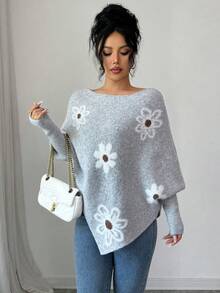 SHEIN Elenzya Áo len chui đầu họa tiết hoa jacquard rộng rãi, viền bất đối xứng dành cho nữ, Thu/Đông - Xám - Xem 4