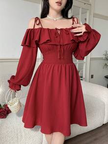 Feyla Elegant Ruffle Trim Waist Open Shoulder Strap Women Dress - Red - View 5