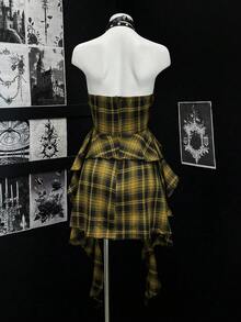 EgrlEra 女士格子镂空装饰系领多层不对称荷叶边下摆时尚派对迷你连衣裙 - 黃色 - 查看 2