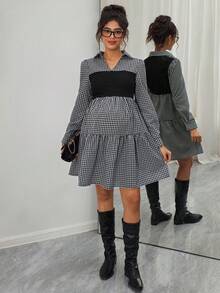 SHEIN Maternity Long Sleeve Plaid Patchwork Casual Ruffle Hem Dress