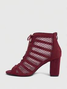 CUCCOO SZL Botas de tobillo con diseño de cordones y punta abierta de tacón alto de moda para uso diario - Burdeos - Ver 5