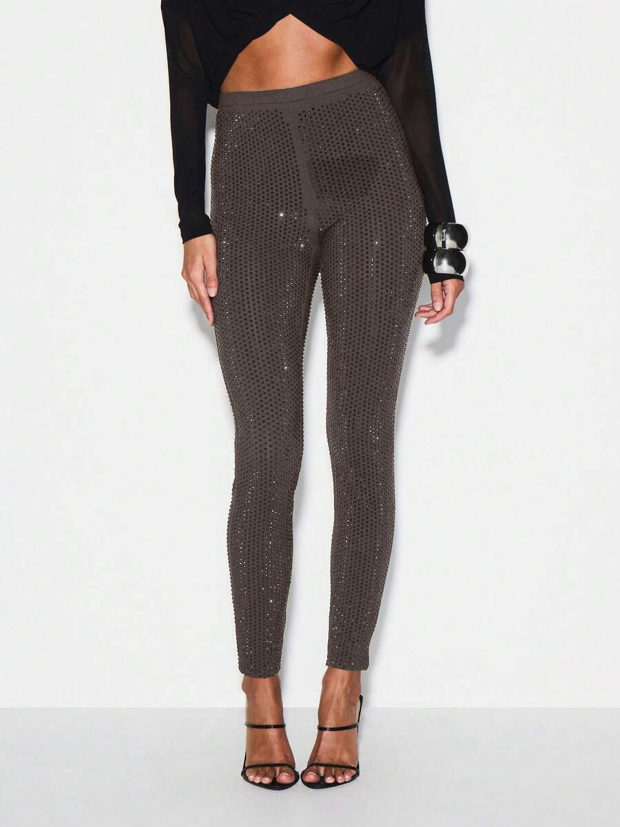 KIZN 热熔装饰高腰紧身裤，饰有闪亮水钻细节，适合晚宴派对场合 - 巧克力棕 - 查看 1