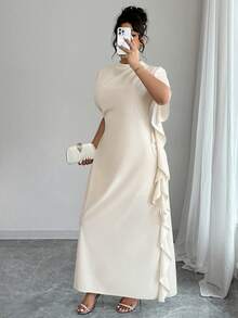 Elenzga Apricot Midi Dress With Ruffled Puff Sleeves, Fitted Waist - Elegant For Parties, Suitable For Spring & Summer, Plus Size - Apricot - View 1