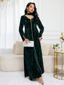 Al Najma 女士V领长袖纽扣设计优雅阿拉伯连衣裙 - 墨綠色 - 查看 6