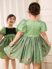 Glamorique Kids 1. 清新绿色泡泡袖公主裙，优雅刺绣安娜风格女童派对礼服，缎面正式场合礼服 - 綠色 - 查看 2