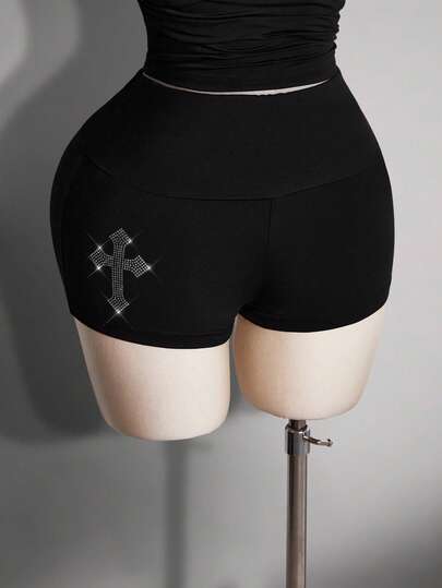 SHEIN ICON Women's Plus Size Simple Casual Sexy Fashionable Individualistic Avant-Garde Bold Millennial Style Y2K Dark Punk Gothic Style Cross Pattern Rhinestone Black Slim Fit Shorts