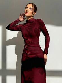 Aloruh 女士印花立领长袖褶裥连衣裙，优雅 - 中紫紅色 - 查看 7