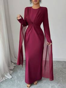 Elenzga Burgundy Elegant Autumn Chiffon Long Dress,Crew Neck Long Sleeves Waist-Cinching Sash Sleeves New Year Outfit,Suitable For Dining Parties&Gatherings - Burgundy - View 5