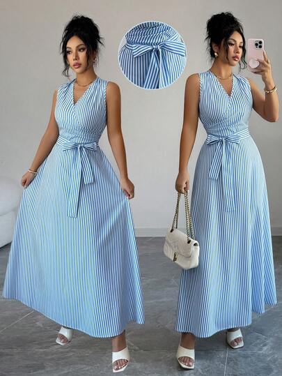 SHEIN Elenzya Women's Crossed V-Neck Striped Sleeveless Elegant Dress