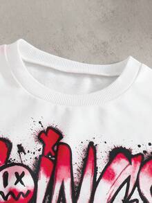 SHEIN Coolqubz 2pcs/Set Fashion White Hoodie Paired With Olive Green Pants, Stylish Outfit For Teen Boys. The Hoodie Features Green Placement Print, Soft & Comfortable Fabric, Suitable For Spring/Autumn, Versatile For School, Casual Wear