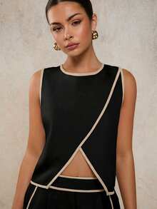 COSMINA 女士休闲无袖上衣，圆领包边，下摆开衩 - 黑色 - 查看 3