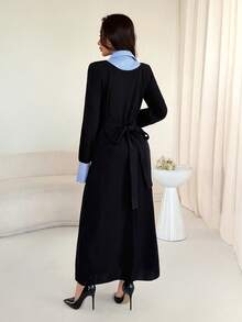 Mulvari Women's Elegant Black Long Sleeve Blue Striped Cinched Waist Arabic Dress, Autumn - Black - View 2