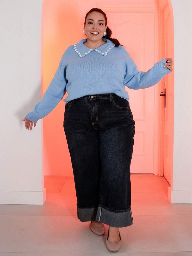 Pretty and Ole Plus Size High Waist Straight Jeans With Folded Hems, Ankle Pants, Comfortable Elastic Waistband, Retro Denim Fall Women Clothes - Dark Wash - View 1