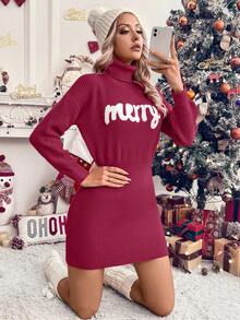 SHEIN LUNE Women's Casual Christmas Letter Print Turtleneck Red Embroidered Dress, Fall/Winter For New Year Clothes - Purple - View 3