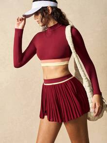 VARSIVA Women's Anchor Red Color Block Long-Sleeved Backless Top And Anchor Red Color Block Pleated Skirt With Built-In Jumpsuit Shorts Casual Tennis Set.
