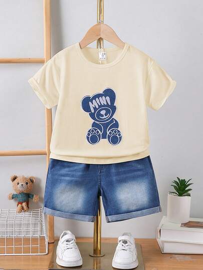SHEIN Streecool Kids 2pcs/Set Young Boy Casual Denim Bear Embroidery Short Sleeve Round Neck T-Shirt And Shorts Set, Suitable For Daily Casual, Sports, School, Outdoor, Summer