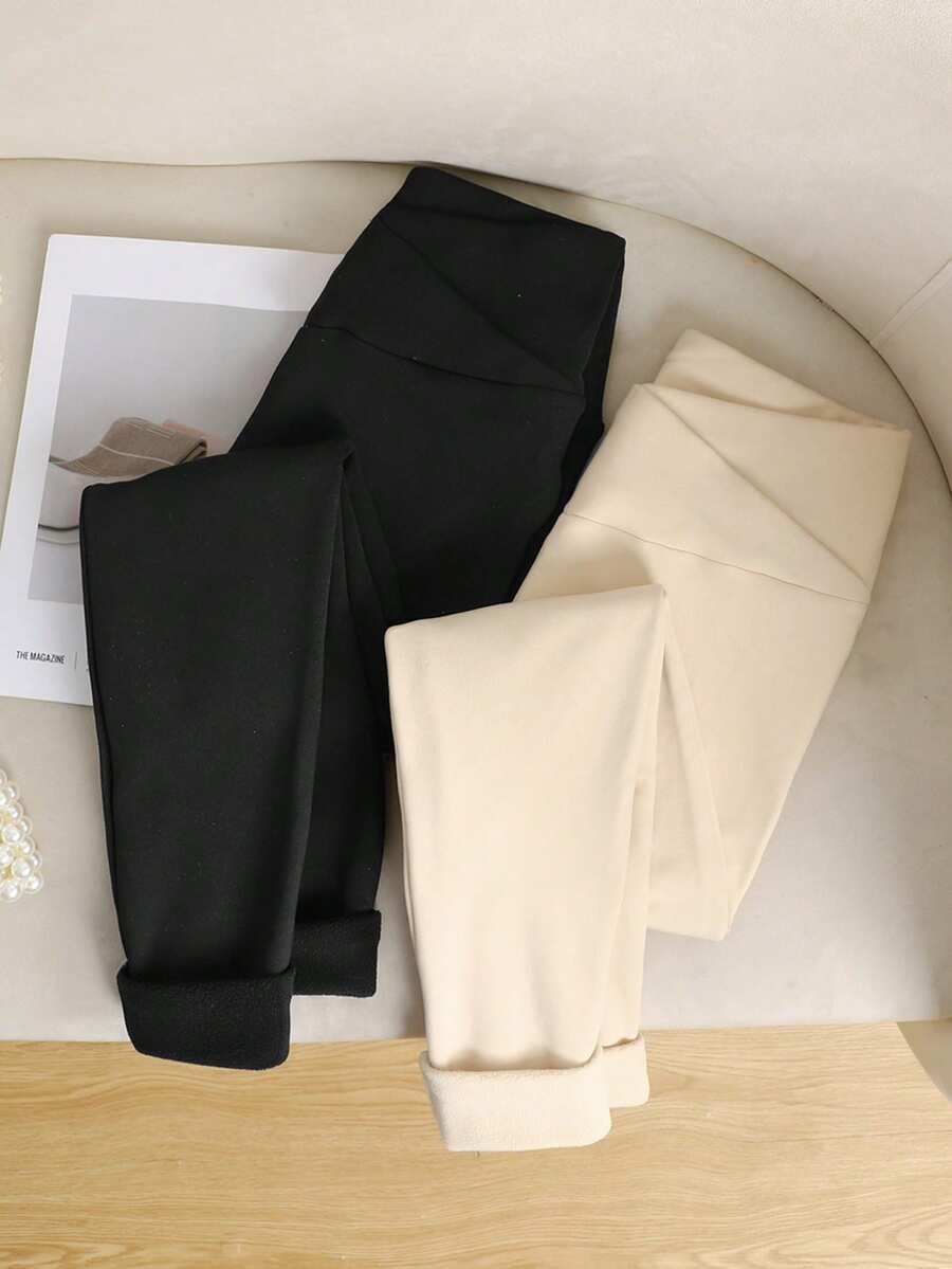 Teen Girls 2pcs/Set Home Leisure And Versatile Thermal Lined Tight Leggings For Girl, Black & Apricot, Fall/Winter Leggings Pack Clothes Pants Pack Of Pants