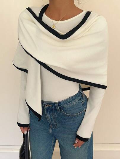 Siren Gaze Women's 2 Pieces Set Of Shawl And Long-Sleeved T-Shirt Autumn Fashionable Commuter Contrast Color Trim Shawl Collar T-Shirt Christmas For New Year's Eve Casual For Women Spring