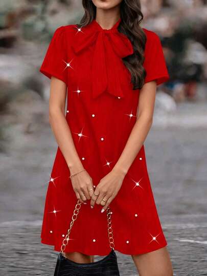 SHEIN LUNE Women's Pleated Bowknot Front Short Sleeve Pearl Decor A-Line Casual Elegant Vintage Dress, Suitable For Valentine's Day, Dates, Outings, Parties, Spring/Summer