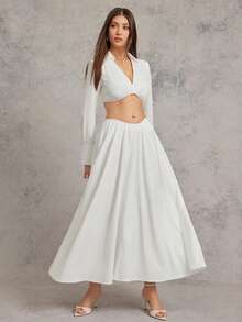 L'Amorae Women's Elegant Commuter Solid Color Steel Wire Decor Skirt - White - View 1