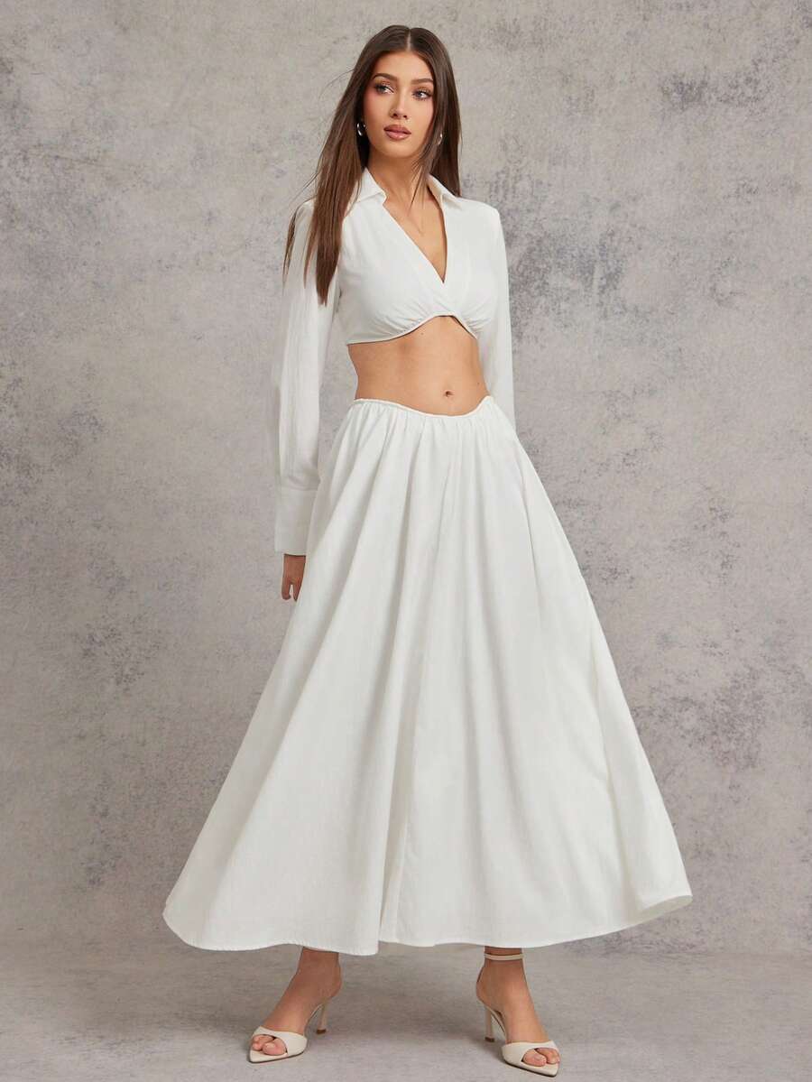 L'Amorae Women's Elegant Commuter Solid Color Steel Wire Decor Skirt - White - View 1