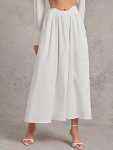 L'Amorae Women's Elegant Commuter Solid Color Steel Wire Decor Skirt - White - View 2