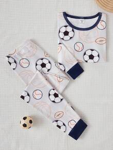 Boys' Fashionable & Cute Sports Football & Rugby Graphic Print Long Sleeve Top And Leggings Pajama Set Snug Fit Boys Lounge Set Boys Pajama Set Soccer Boys Clothes Kids Pj Set - Multicolor - View 7