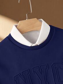 HIMLAND Men's Letter Embossed Casual Loose Fit Sweatshirt, Autumn/Winter Mens Sweater Jersey Sweater Navy Blue Sweatshirt Male Sweater Graphic Mens Blue Sweatshirt - Navy Blue - View 3