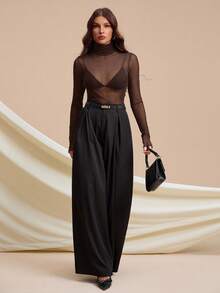 SHEIN Tall 斯德哥尔摩风格，2025女士夏季新款系列，高领毛领上衣，适合春夏穿着，新年女士上衣，网纱长袖透视上衣 - 棕色 - 查看 12