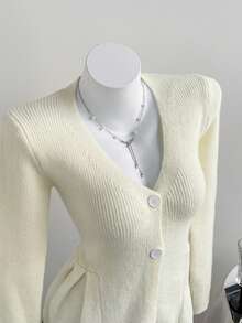 SHEIN Unity Women's Solid Color Long Sleeve V-Neck Cardigan, Versatile & Elegant, Autumn/Winter - Apricot - View 5