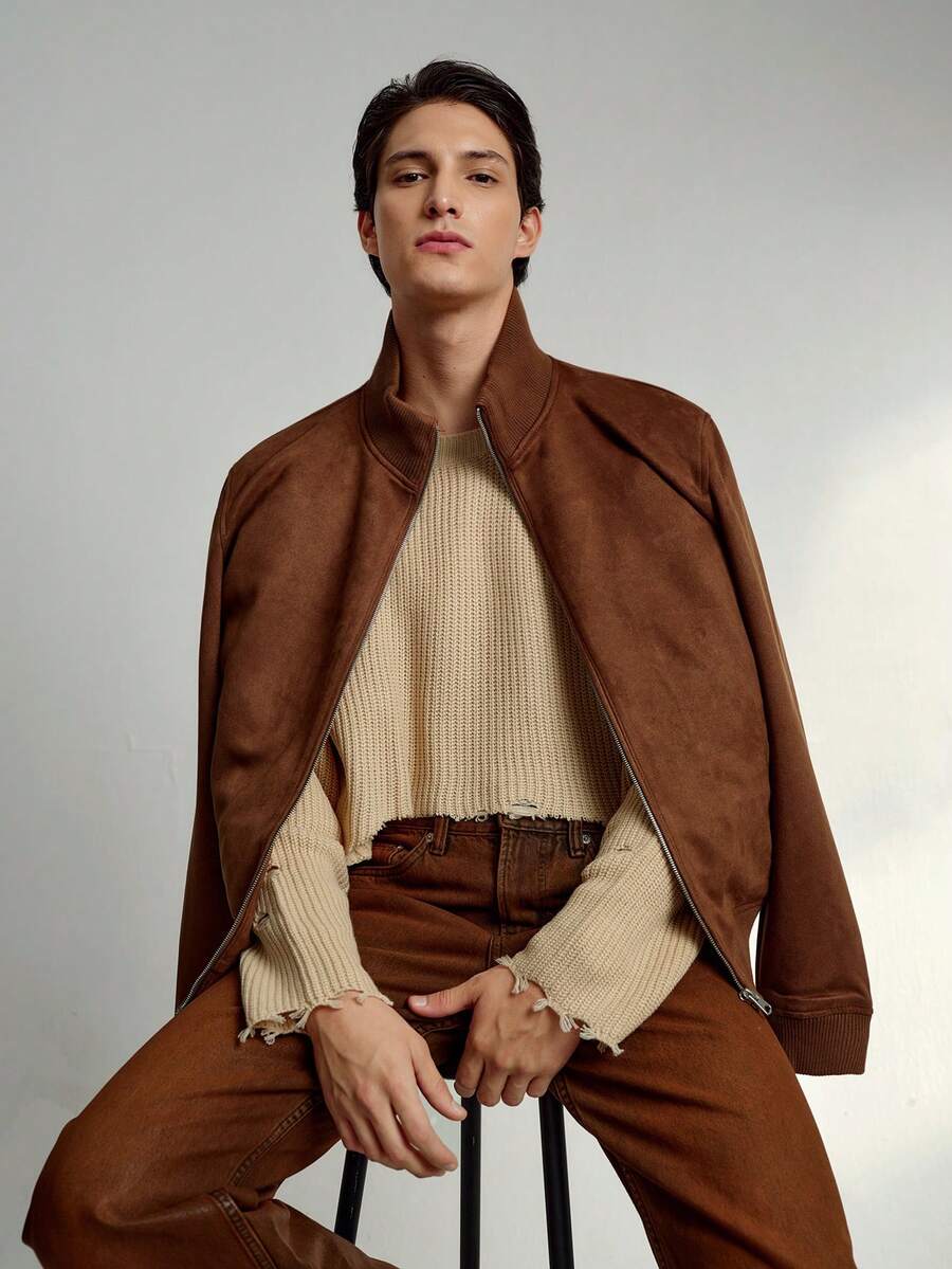 RONVEXI Fashionable Blogger Design Solid Color Distressed Pullover Sweater For Men, Autumn/Winter - Apricot - View 1