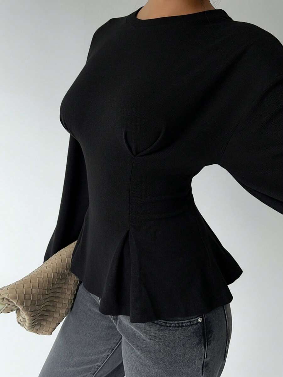 Aloruh 女士休闲圆领T恤，腰部褶皱设计，纯色T恤，适合日常通勤和居家穿着，长袖针织T恤，饰有花卉网眼图案 - 黑色 - 查看 1