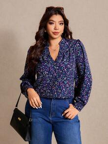 Elaquor Blusa informal con escote entallado y estampado floral pequeño, otoño 70 - Multicolor - Ver 6