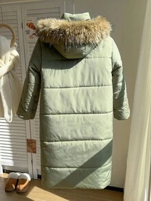 SHEIN Tween Girls Casual Fashionabla Militär Grön Pälskrage Lång Dragkedja Knapp Bekväm Utomhus Skid Elegant Vadderad Kappa - Armé Grön - Visa 2