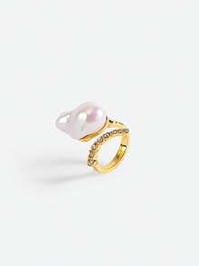 Opalesca 1 Pc Fashionable European & American Style Open Baroque Pearl Ring, High-End Personalized Luxury Baroque Geometric Ring,Outfits,Old Money,Wedding/Bridal Accessories,Western Jewelry,Fairycore/Fairy,Pearl,Fall/Autumn/Winter,Elegant - Yellow Gold - View 2