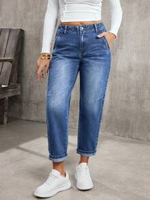 EMERY ROSE Women's Pocket Button Casual Versatile Commuter Jeans - Blue - View 6