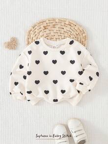 Cozy Pixies Baby Girl Heart Pattern Valentine's Day Love Heart Knitted Soft Round Neck Long Sleeve Pullover Sweatshirt, Comfortable Versatile Fashionable Casual Cute Basic Style, Suitable For Autumn/Winter Indoor, Outdoor Leisure, Skiing, Back To School, Daily Wear, Sports, Play, Party