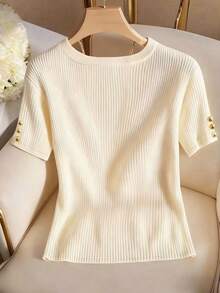 Franclia Elegante camiseta de punto de cuello redondo, top de punto minimalista de moda, primavera/verano - Albaricoque - Ver 2