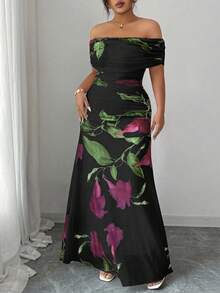 Modelyn 大码女式网纱印花露肩荷叶边连衣裙，优雅晚宴礼服 - 黑色 - 查看 6