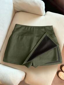 Franclia 时尚新款绒面高腰修身A字开衩短裙，女士春秋季 - 軍綠色 - 查看 2